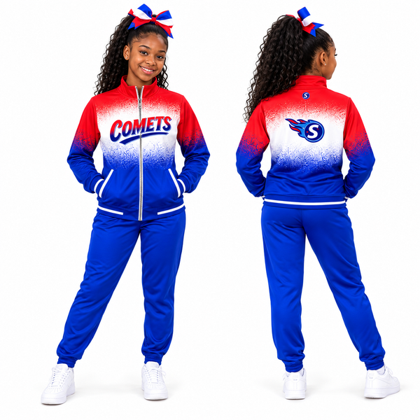 Springfield Comets warmup set with solid royal blue bottoms, front and back