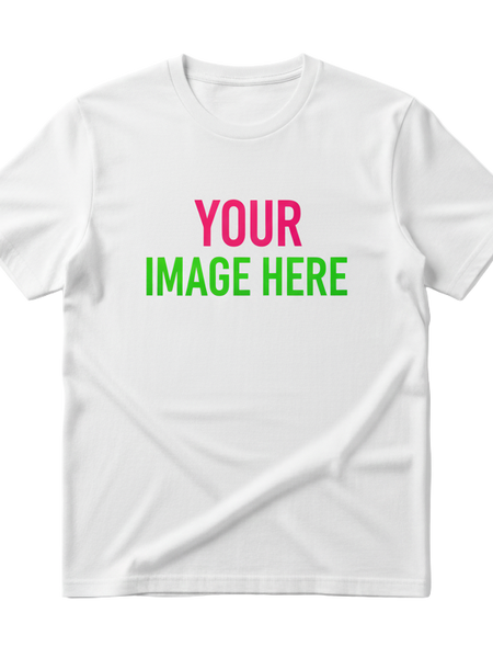 White t-shirt with 'Your Image Here' text on a white background