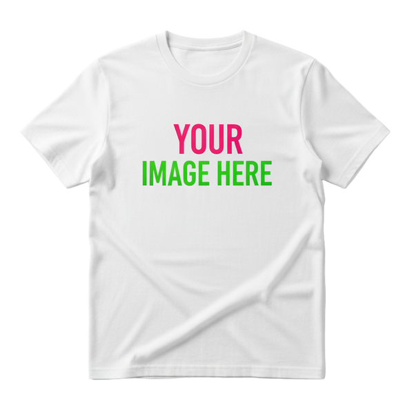 White t-shirt with 'Your Image Here' text on a white background