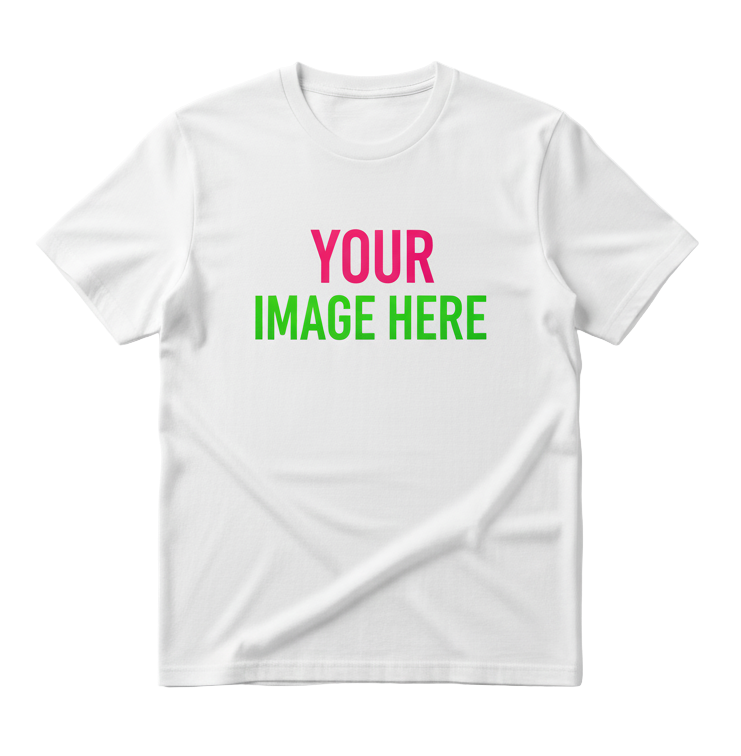 White t-shirt with 'Your Image Here' text on a white background