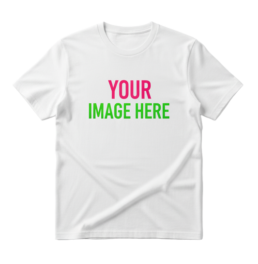 White t-shirt with 'Your Image Here' text on a white background
