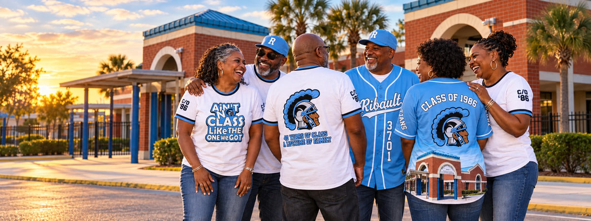 Ribault Class of 1986 reunion group wearing custom JAM Custom Creations shirts and jerseys