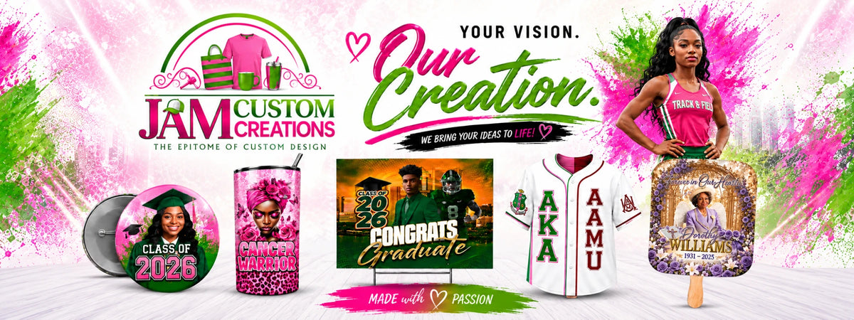 JAM Custom Creations - Your Vision. Our Creation. Custom buttons, tumblers, yard signs, jerseys and memorial fans